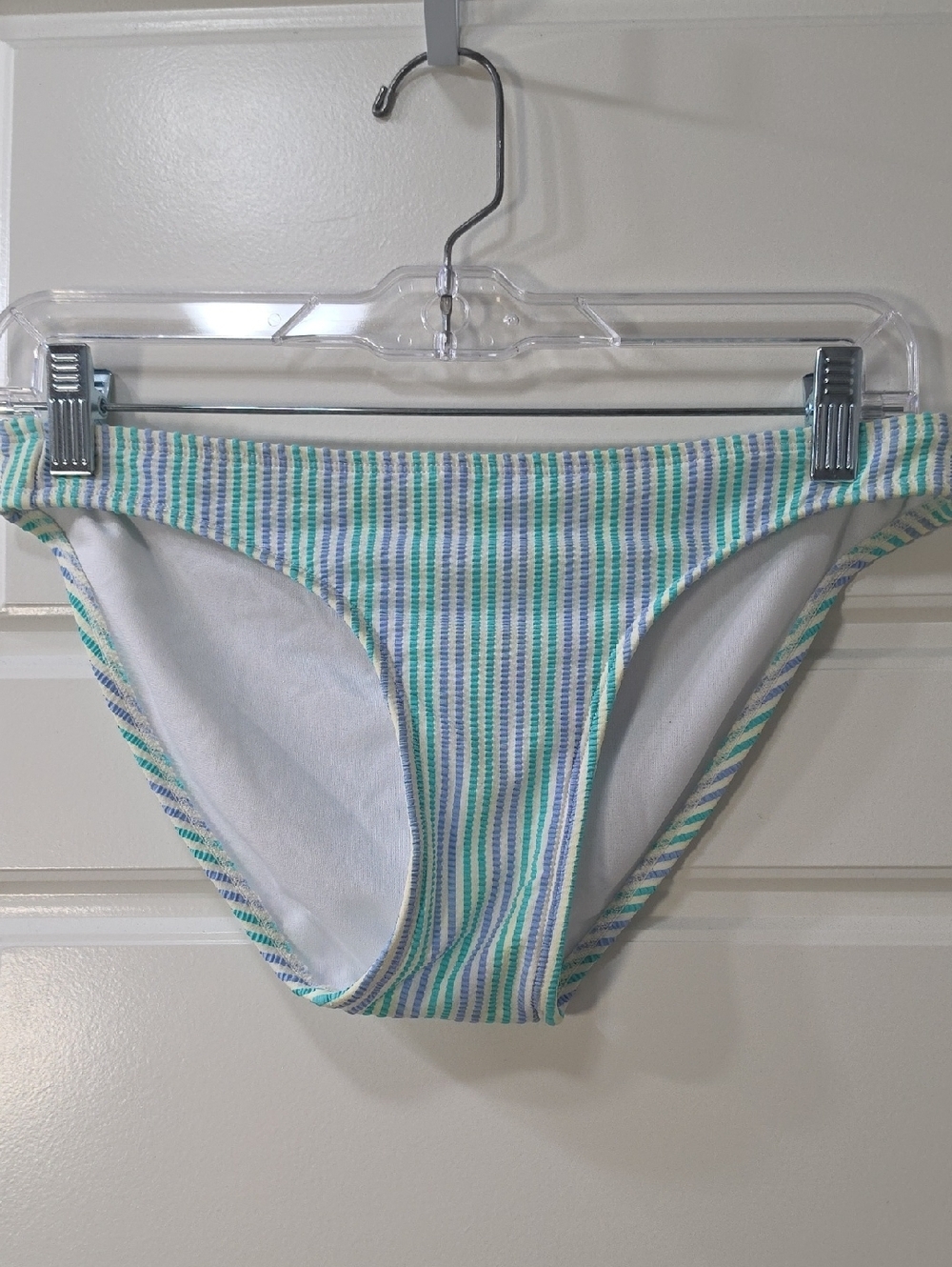 Exhilaration Seersucker Bikini Bottoms in Blue, Green & White - Medium